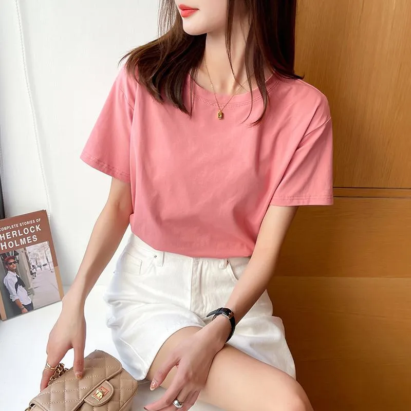 Loose Fit Versatile Regular Shoulder Round Neck Solid Color Short Sleeve Tee