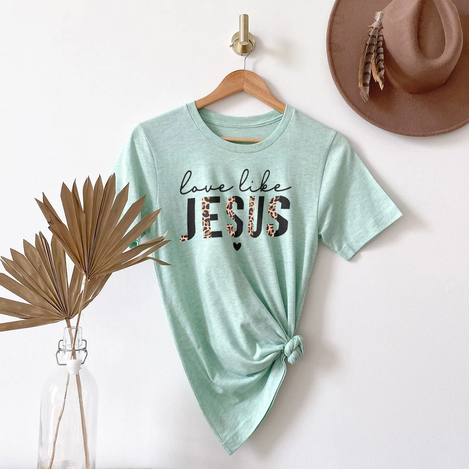 Love Like Jesus Half Leopard Black Tee Shirts For Women - Christian Shirts for Women - Religious Tee Shirts