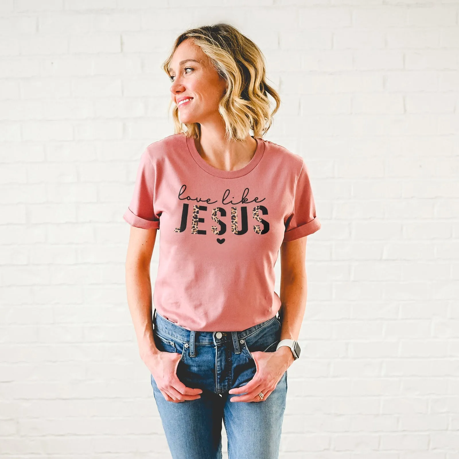 Love Like Jesus Half Leopard Black Tee Shirts For Women - Christian Shirts for Women - Religious Tee Shirts