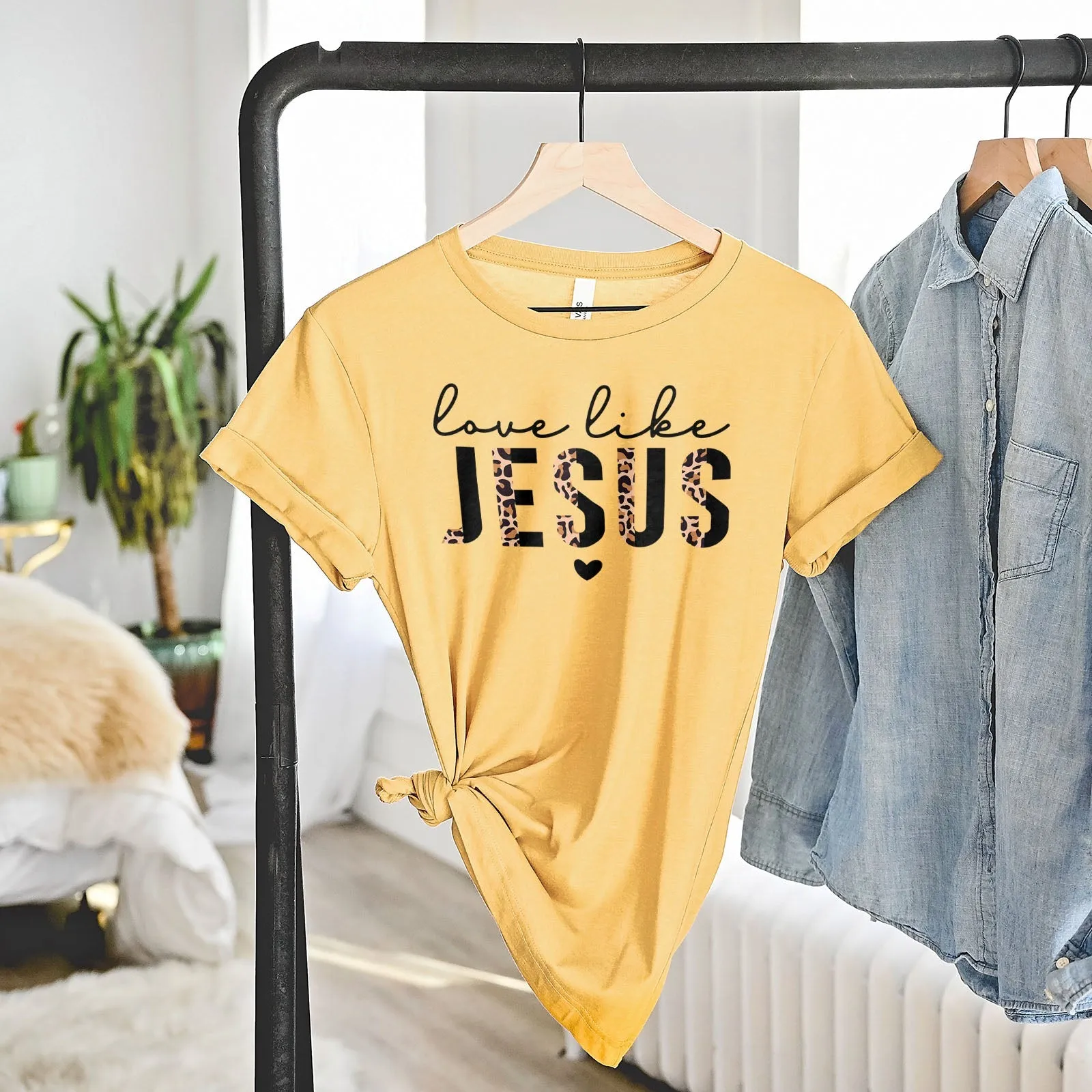 Love Like Jesus Half Leopard Black Tee Shirts For Women - Christian Shirts for Women - Religious Tee Shirts