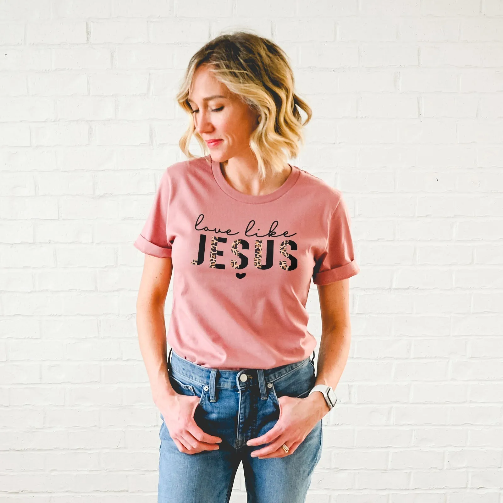 Love Like Jesus Half Leopard Black Tee Shirts For Women - Christian Shirts for Women - Religious Tee Shirts