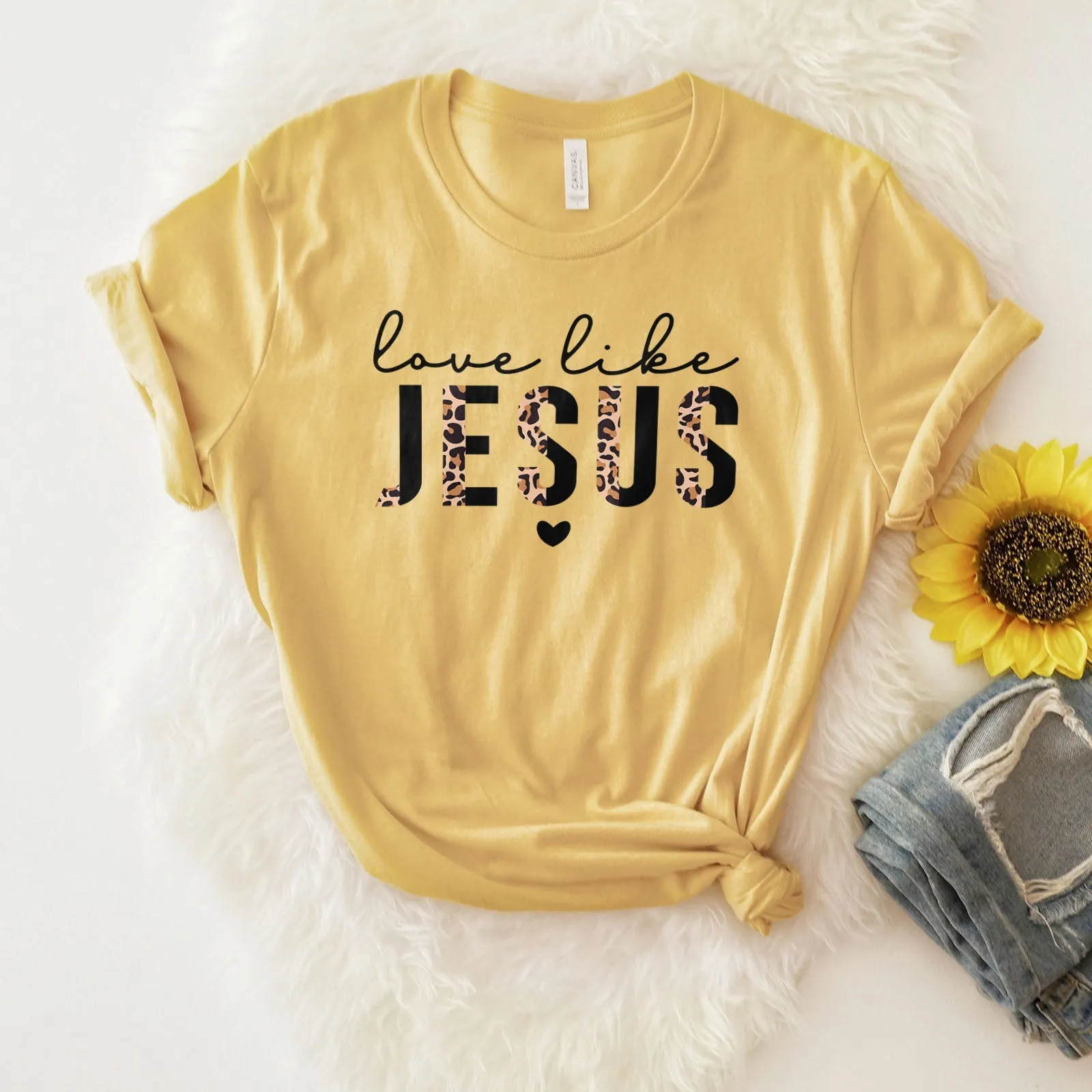 Love Like Jesus Half Leopard Black Tee Shirts For Women - Christian Shirts for Women - Religious Tee Shirts