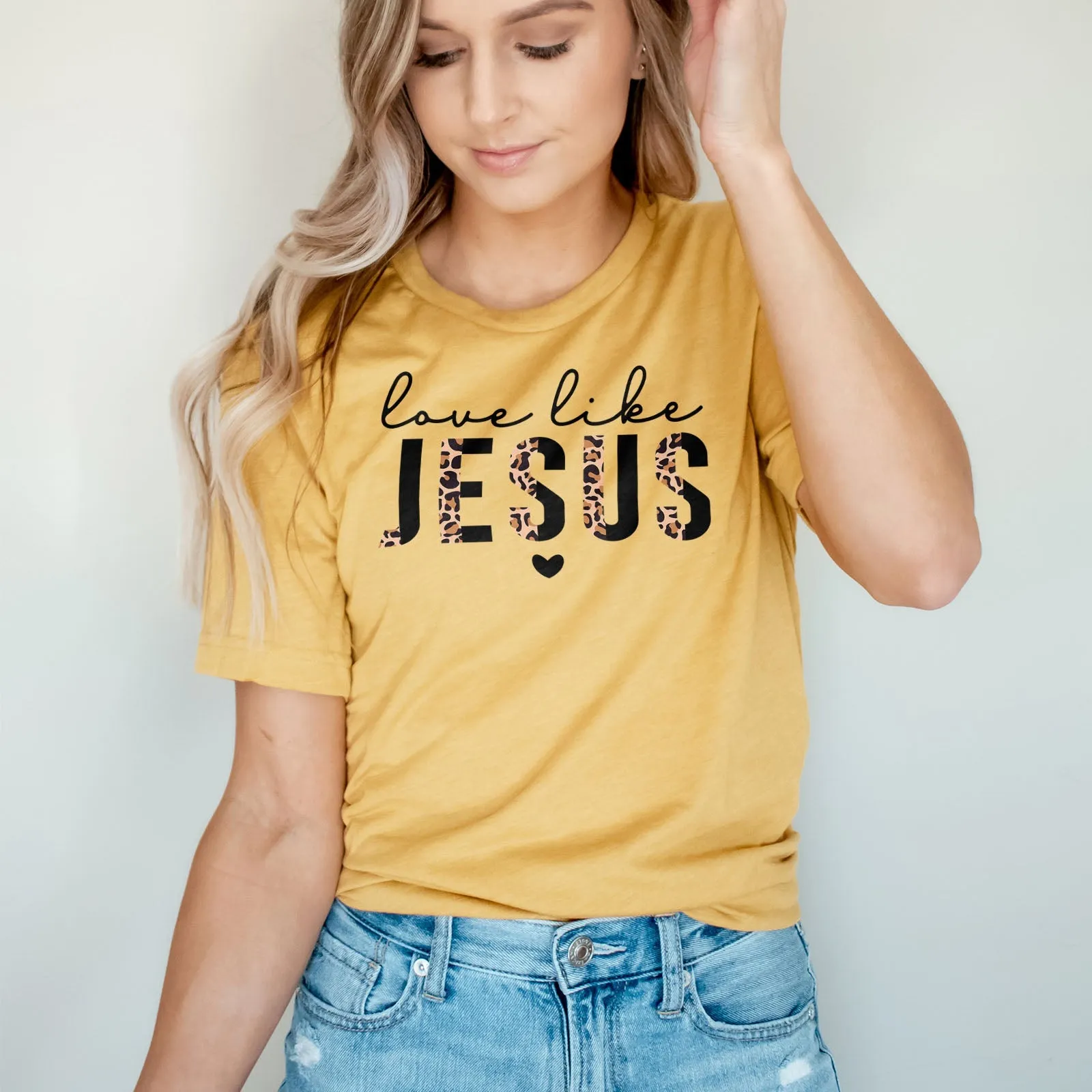 Love Like Jesus Half Leopard Black Tee Shirts For Women - Christian Shirts for Women - Religious Tee Shirts