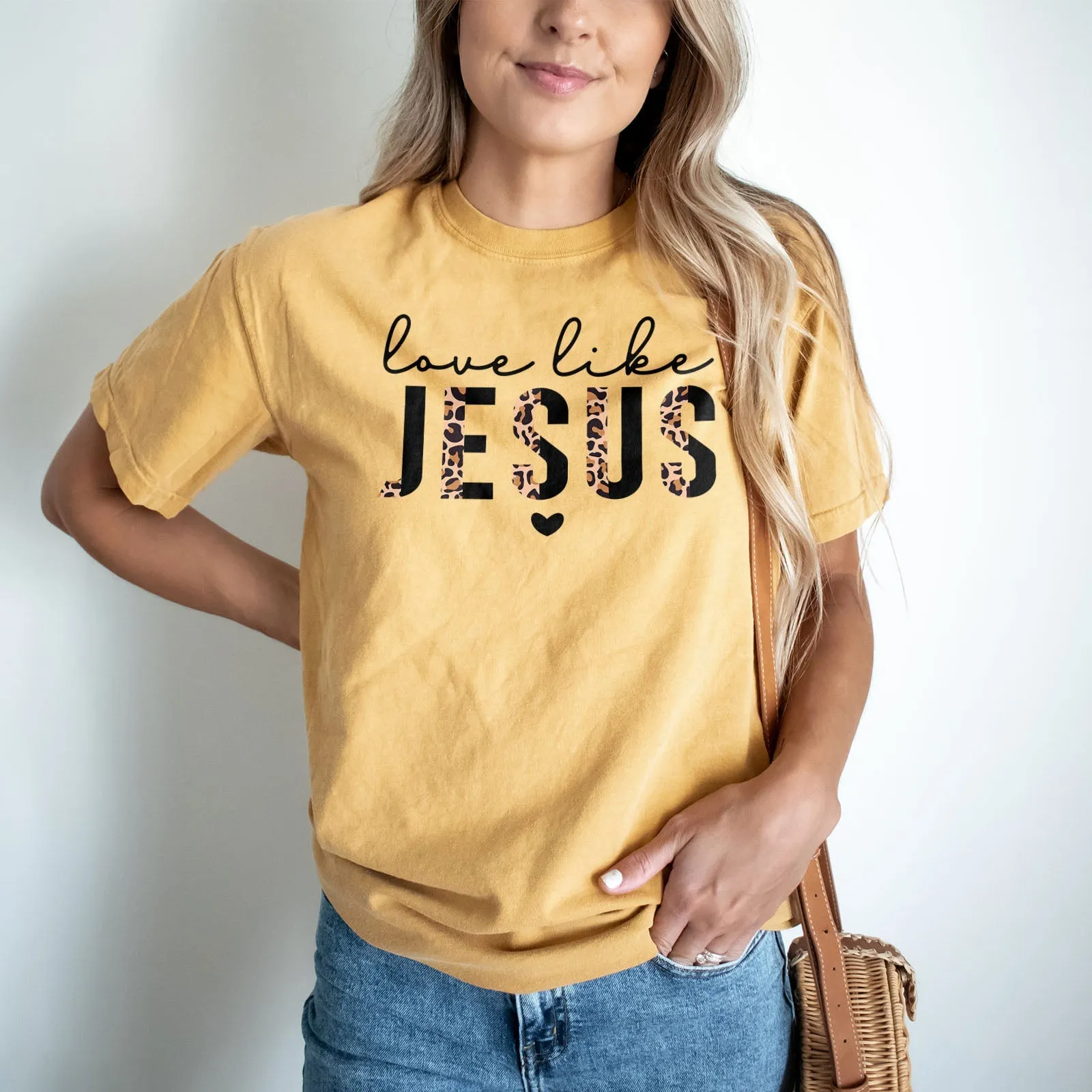 Love Like Jesus Half Leopard Black Tee Shirts For Women - Christian Shirts for Women - Religious Tee Shirts