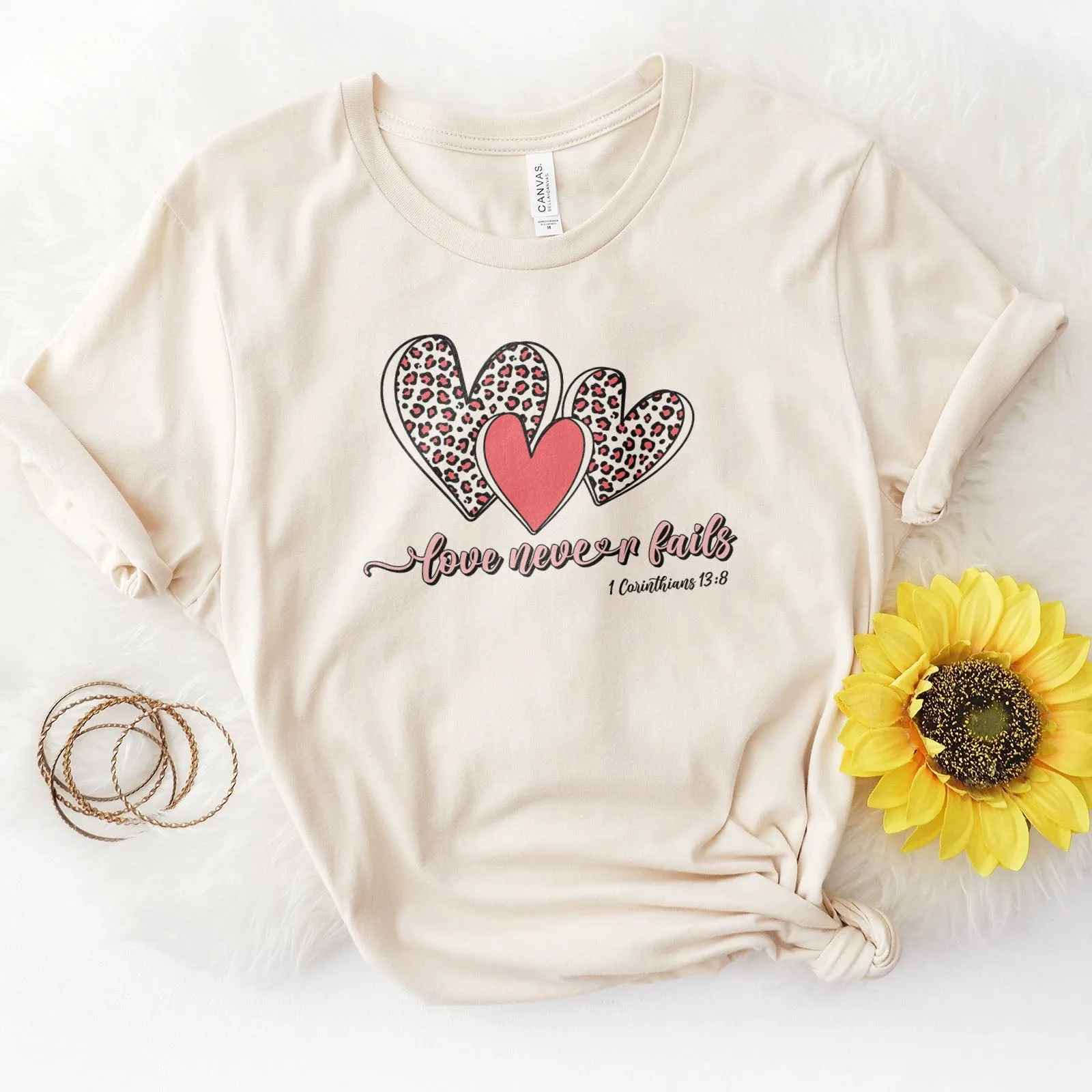 Love Never Fails Leopard Hearts Tee Shirts For Women - Christian Shirts for Women - Religious Tee Shirts