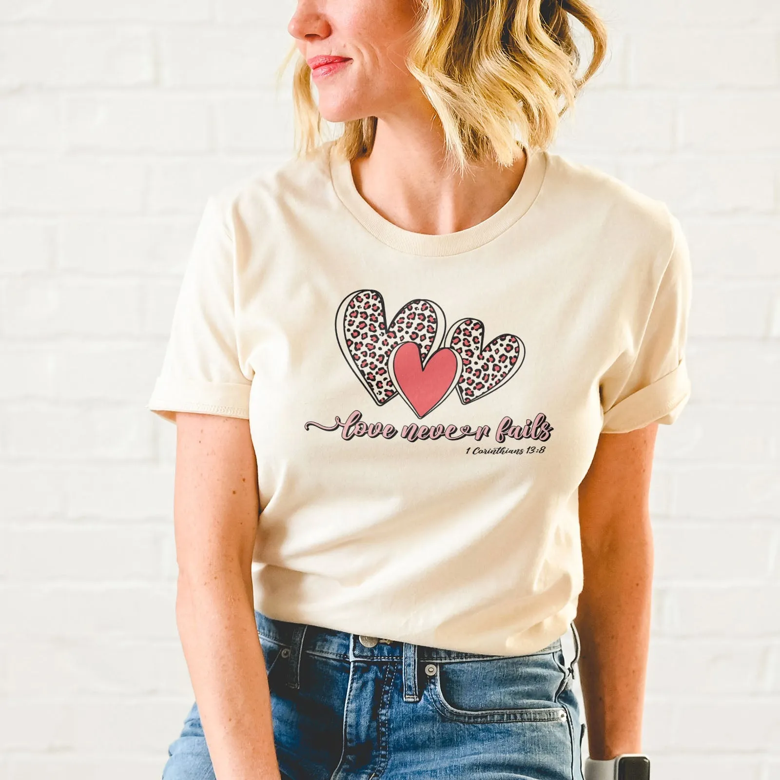 Love Never Fails Leopard Hearts Tee Shirts For Women - Christian Shirts for Women - Religious Tee Shirts