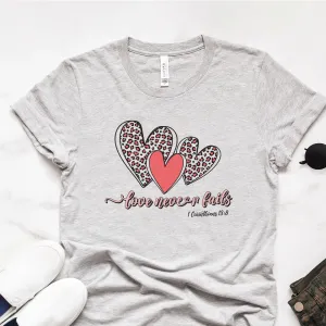 Love Never Fails Leopard Hearts Tee Shirts For Women - Christian Shirts for Women - Religious Tee Shirts