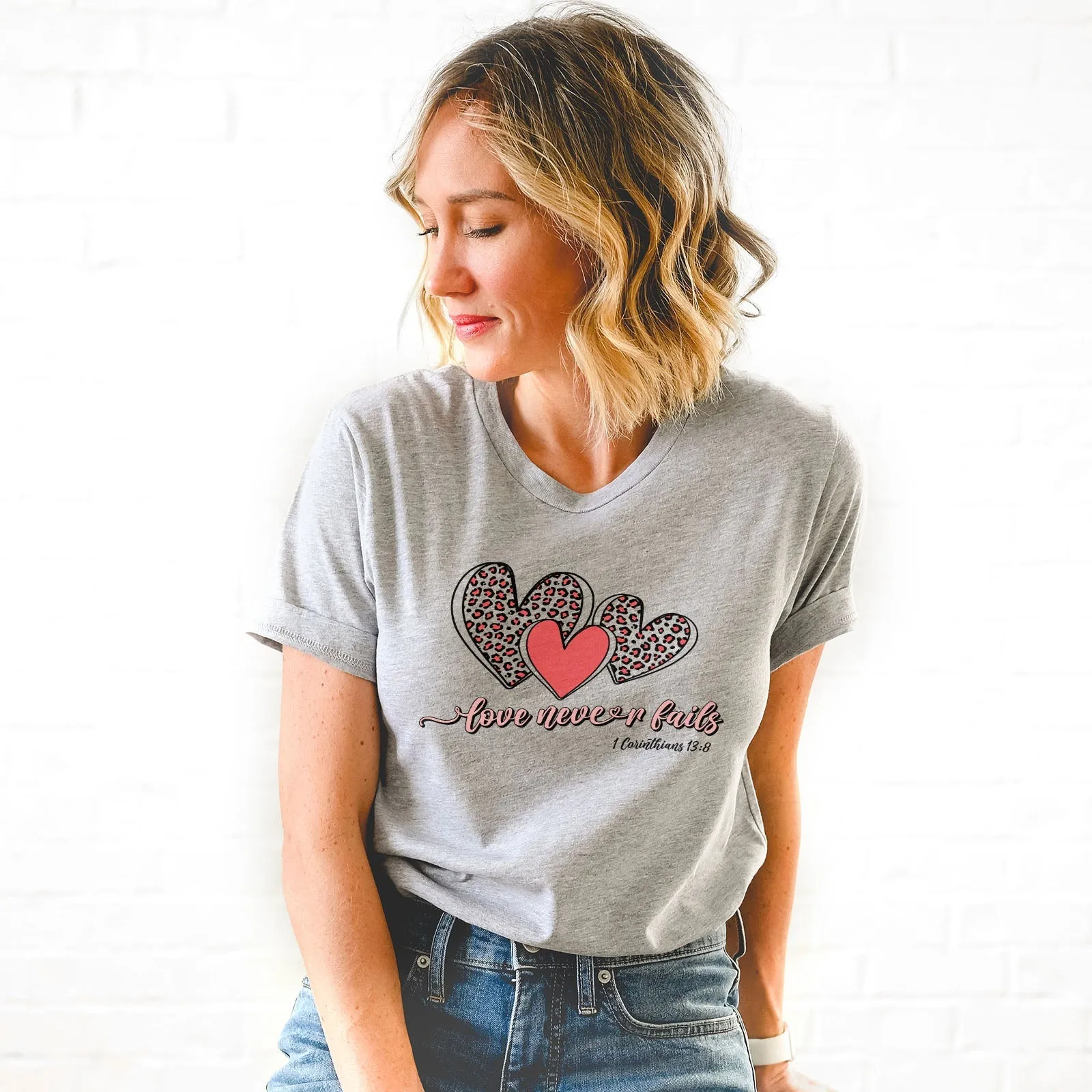 Love Never Fails Leopard Hearts Tee Shirts For Women - Christian Shirts for Women - Religious Tee Shirts