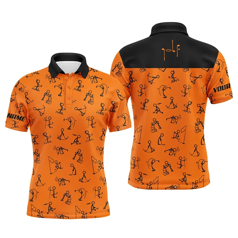 Men Golf Polo Shirts Custom Name Funny Golf Pattern, Black Orange Polo Shirt Golf Outfit Men