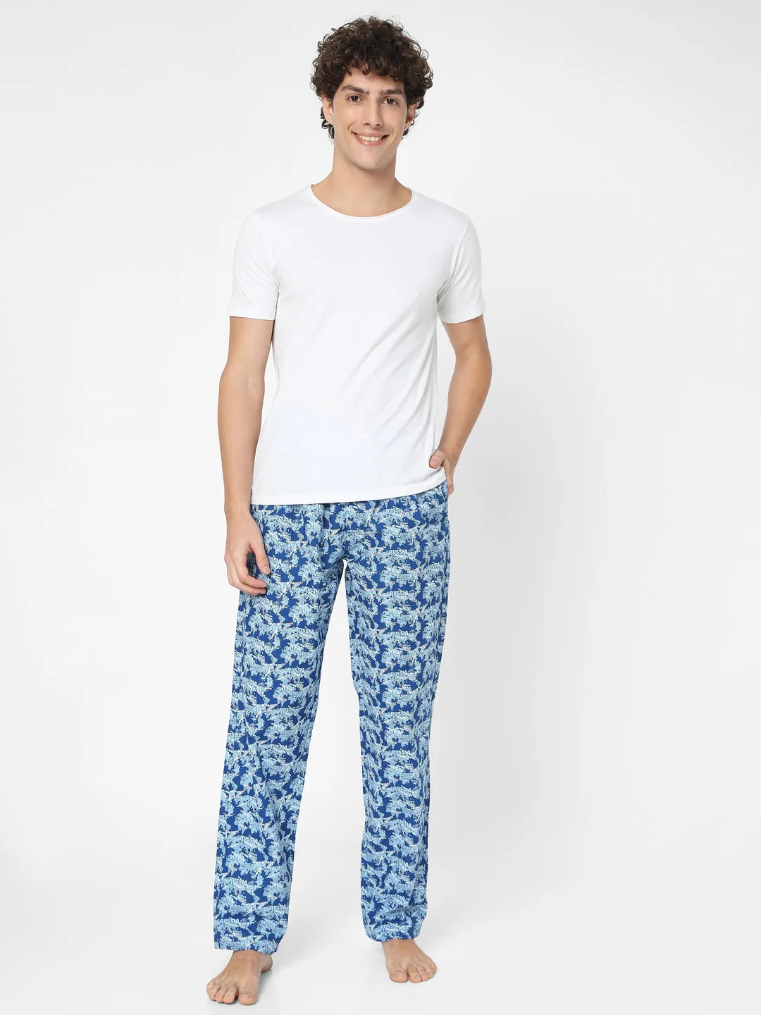 Men Premium Blue Cotton Blend Regular Fit Pyjama - Underjeans By Spykar