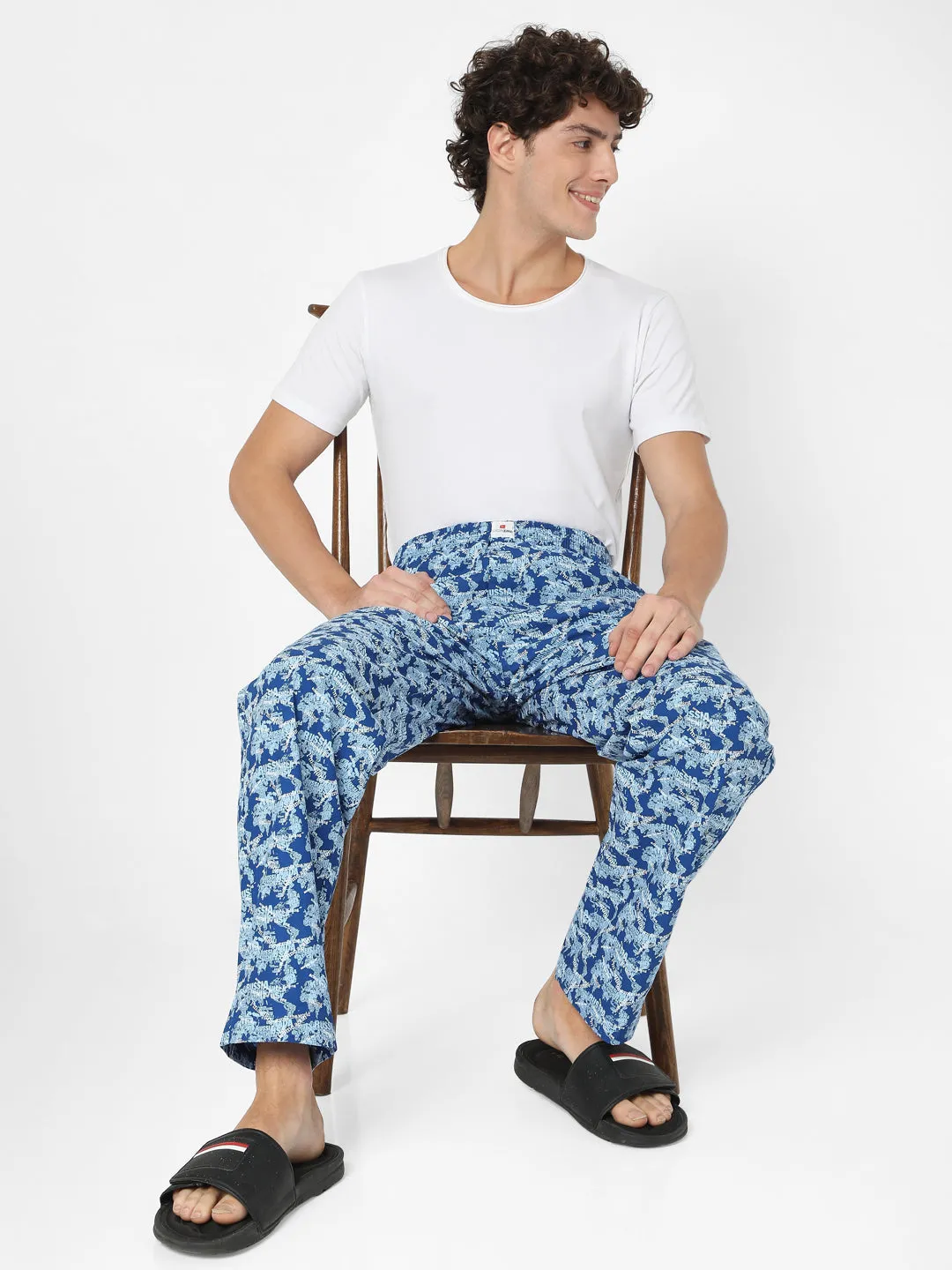 Men Premium Blue Cotton Blend Regular Fit Pyjama - Underjeans By Spykar