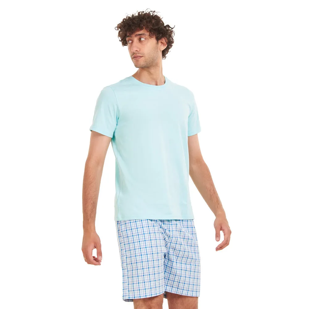 Men summer pajama set Baby Blue T-shirt  Aqua x Blue Checkered shorts