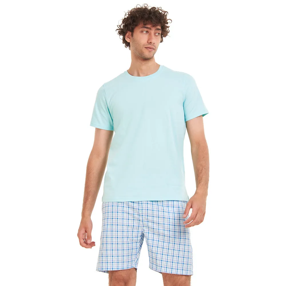 Men summer pajama set Baby Blue T-shirt  Aqua x Blue Checkered shorts