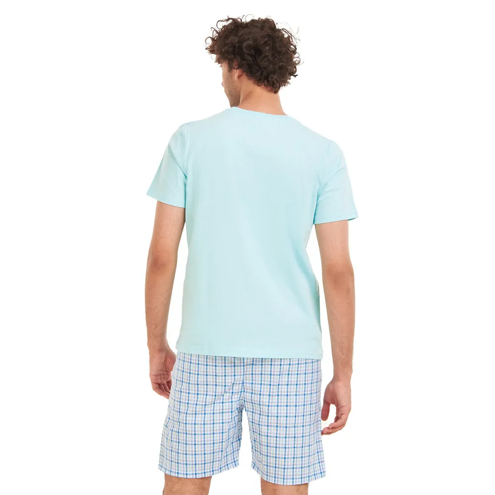 Men summer pajama set Baby Blue T-shirt  Aqua x Blue Checkered shorts