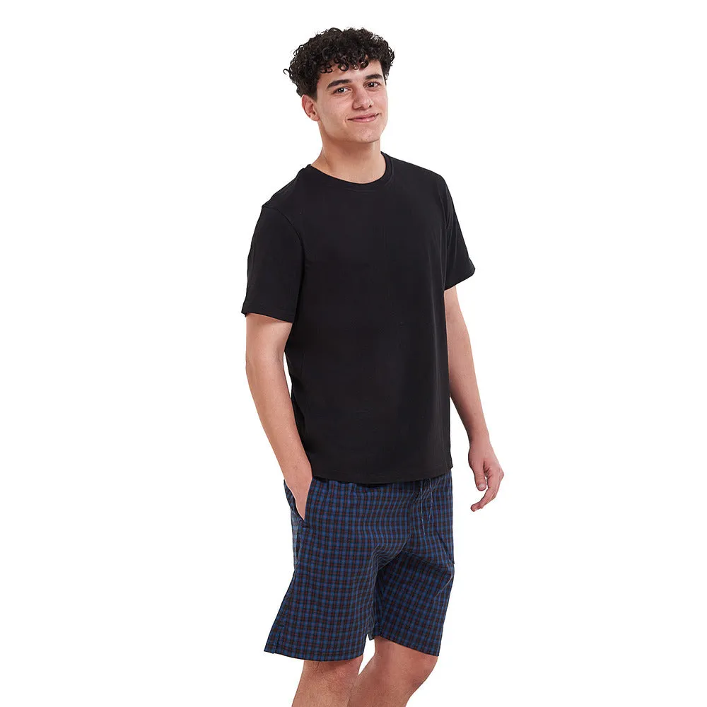 Men summer pajama set  Black T-shirt   Blue x Black checkered shorts