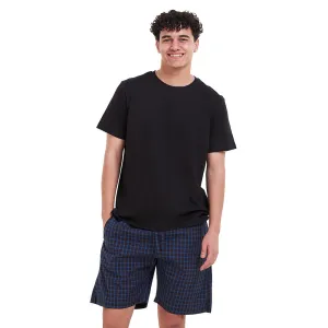 Men summer pajama set  Black T-shirt   Blue x Black checkered shorts