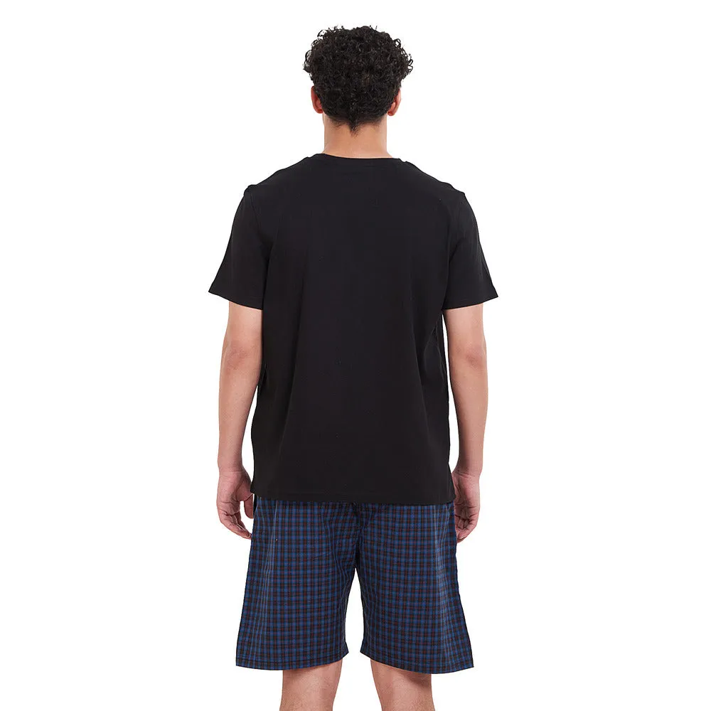 Men summer pajama set  Black T-shirt   Blue x Black checkered shorts