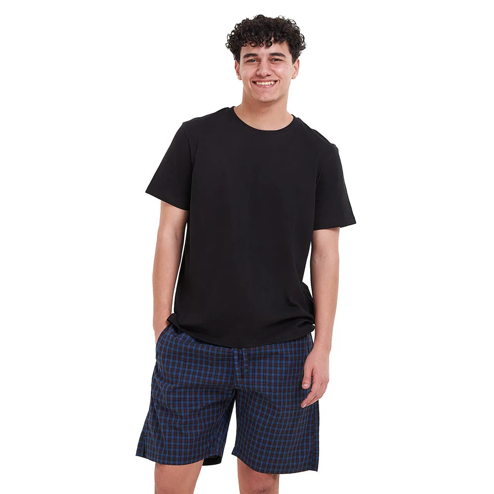 Men summer pajama set  Black T-shirt   Blue x Black checkered shorts