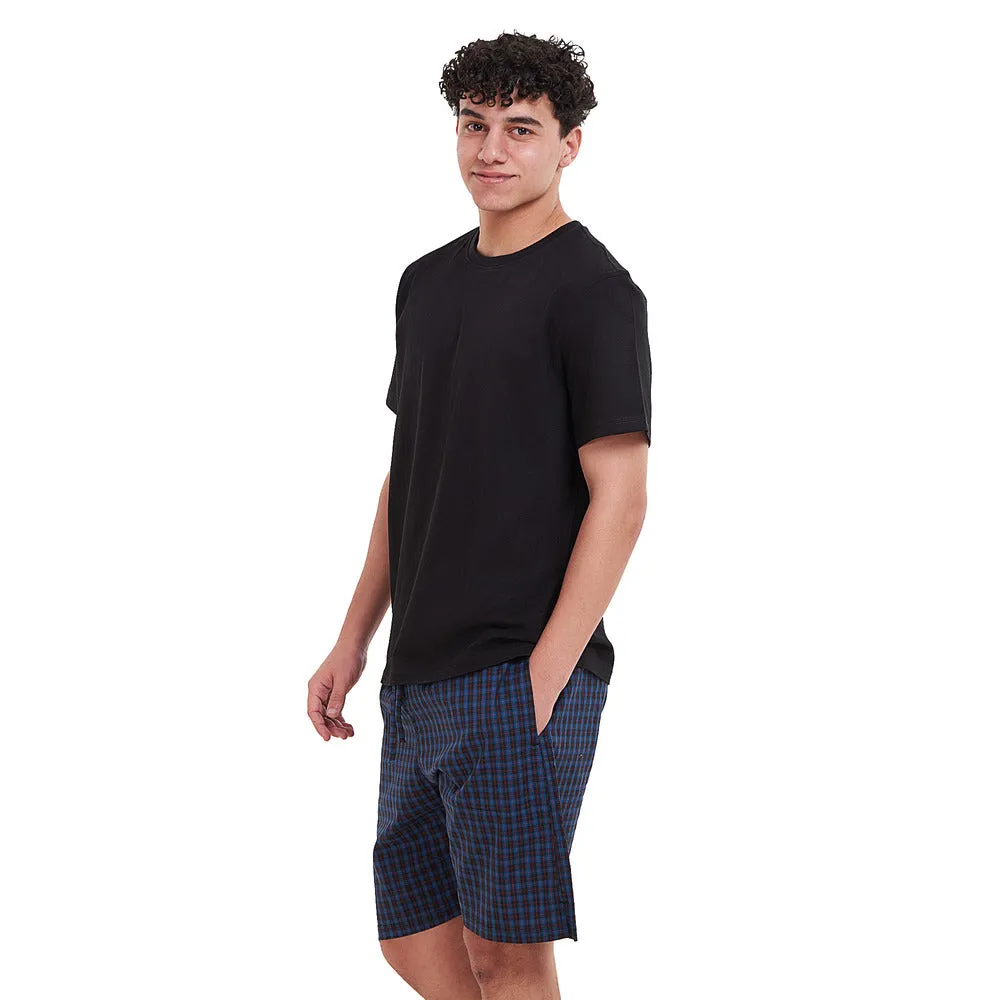 Men summer pajama set  Black T-shirt   Blue x Black checkered shorts