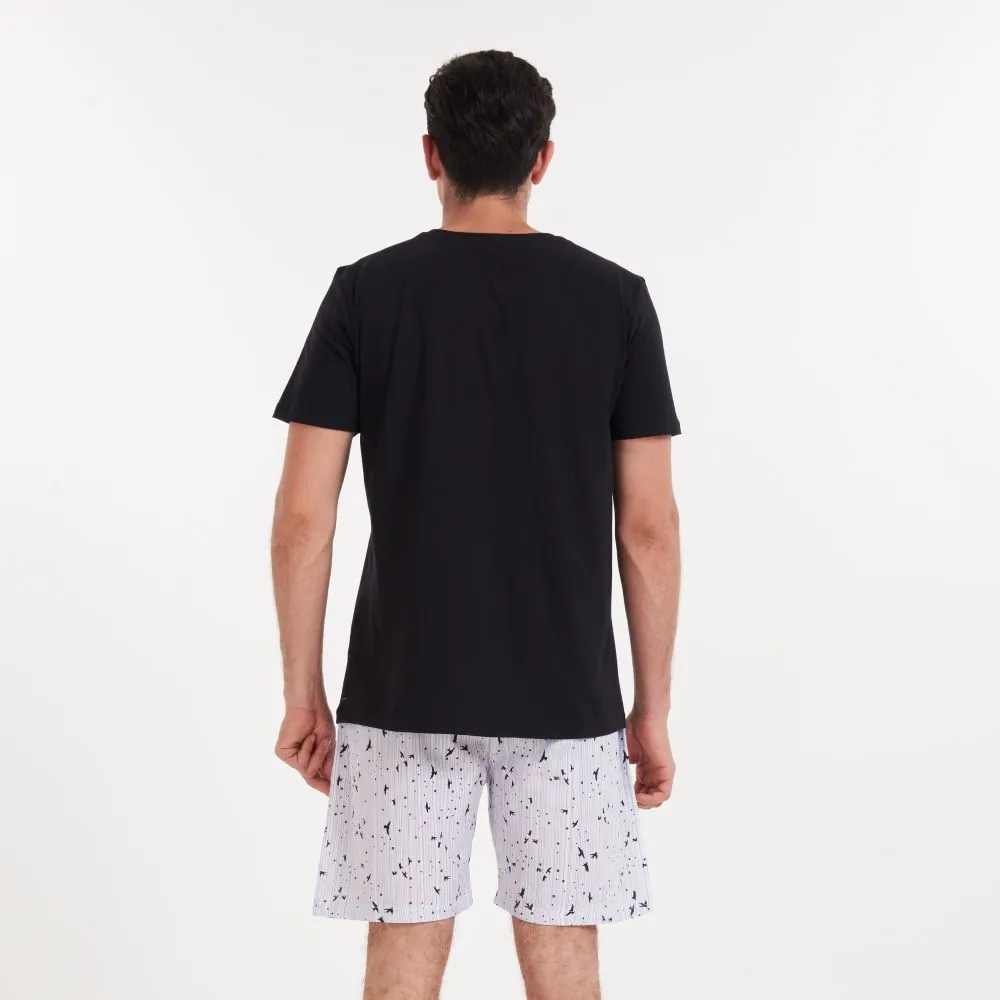 Men summer pajama set Black v-neck t-shirt   Printed birds shorts