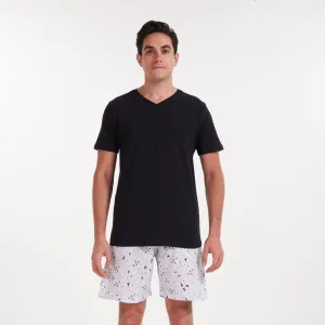 Men summer pajama set Black v-neck t-shirt   Printed birds shorts