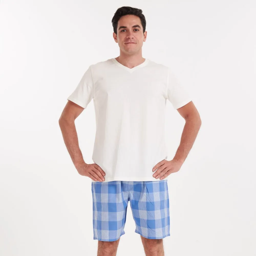 Men summer pajama set Off white v-neck t-shirt   Light blue checkered shorts