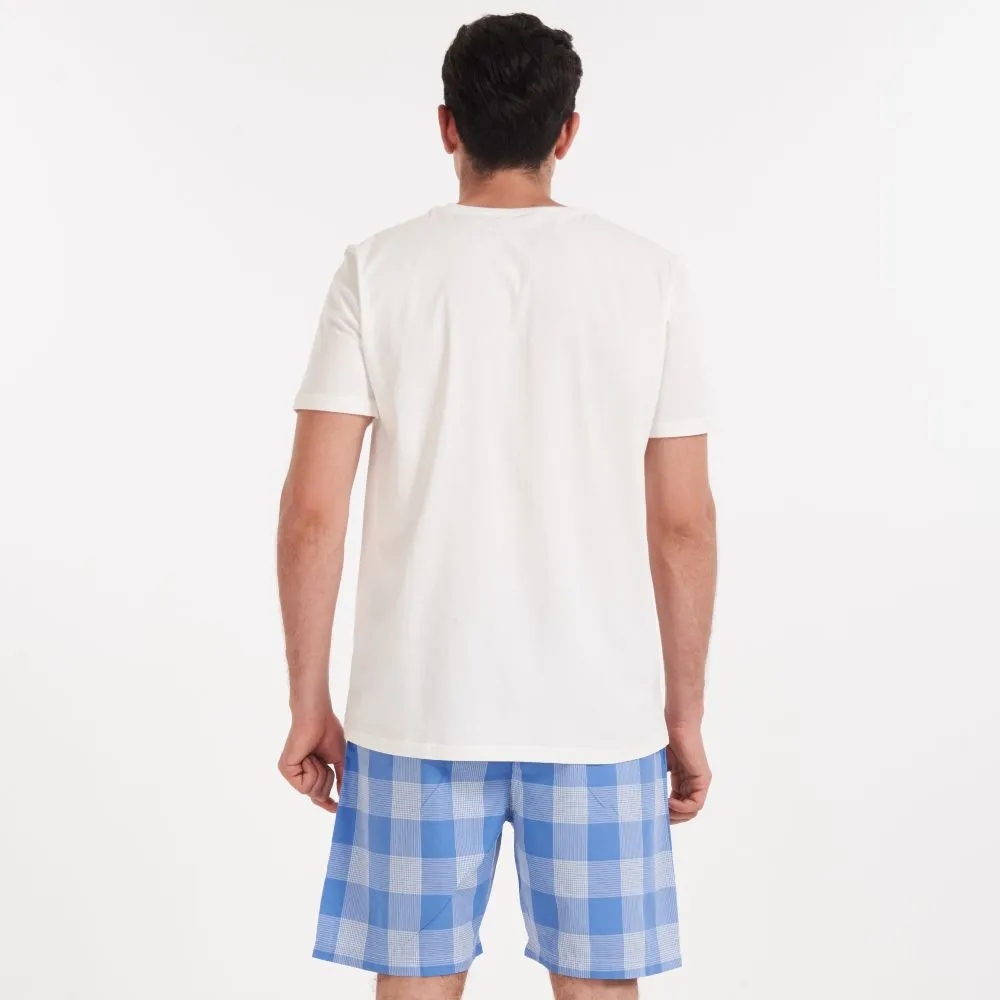 Men summer pajama set Off white v-neck t-shirt   Light blue checkered shorts