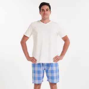 Men summer pajama set Off white v-neck t-shirt   Light blue checkered shorts