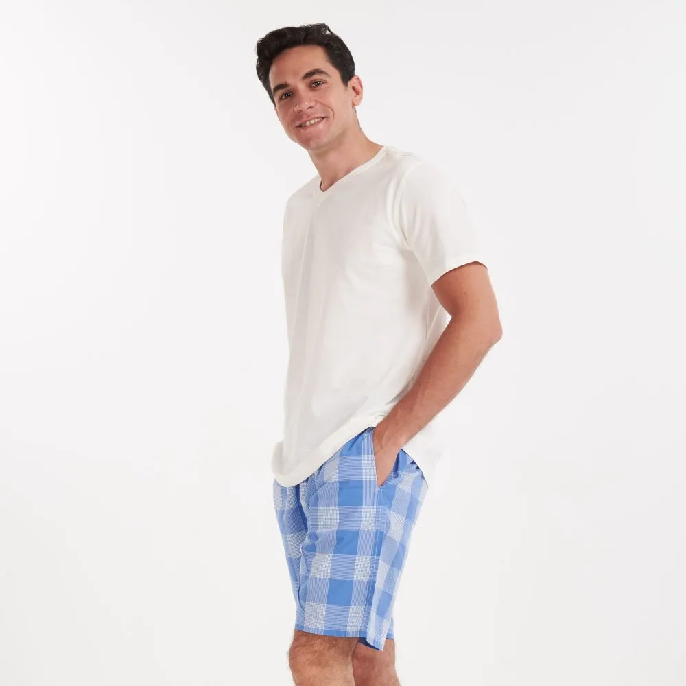 Men summer pajama set Off white v-neck t-shirt   Light blue checkered shorts