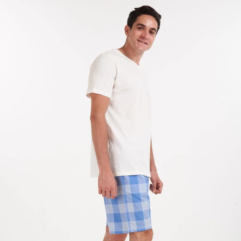 Men summer pajama set Off white v-neck t-shirt   Light blue checkered shorts