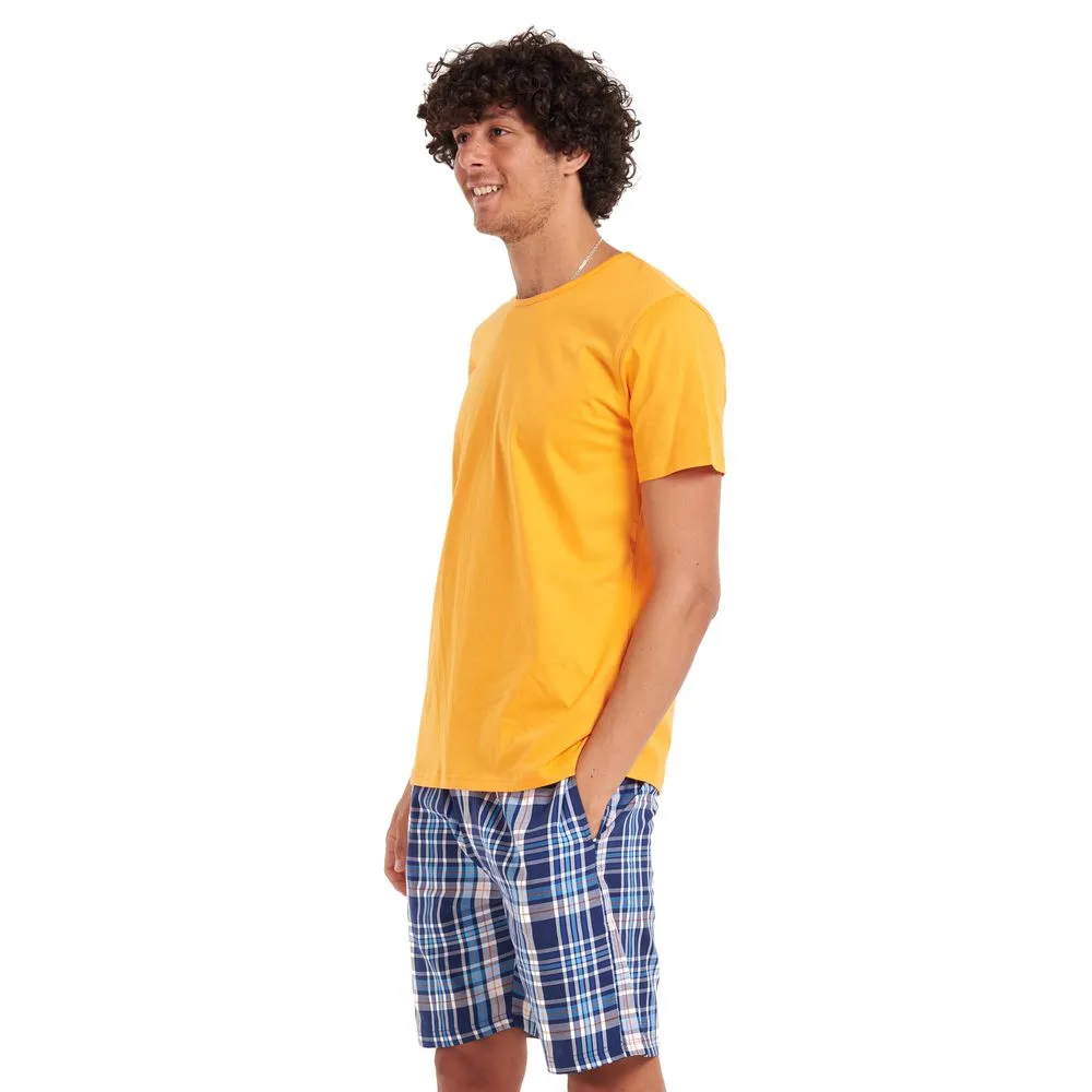 Men summer pajama set Orange T-shirt   Blue checkered shorts