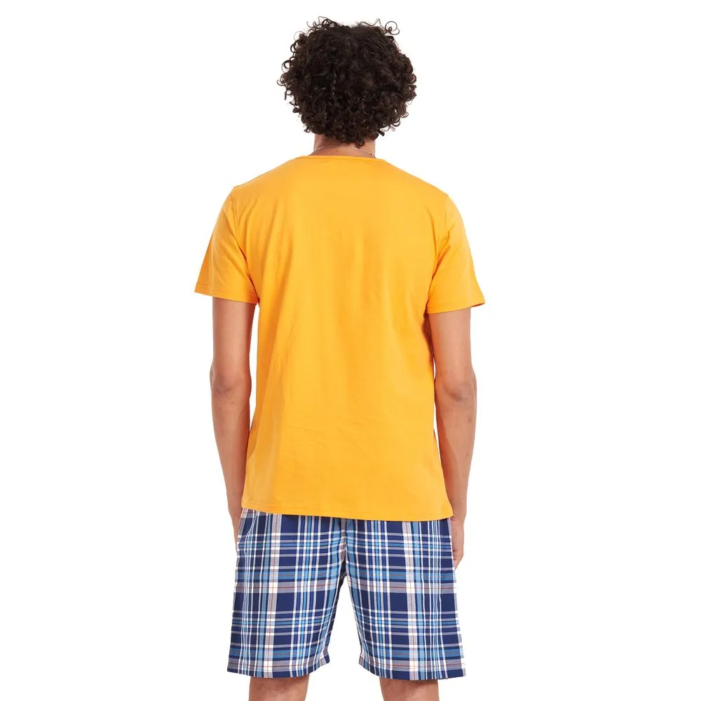 Men summer pajama set Orange T-shirt   Blue checkered shorts