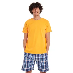 Men summer pajama set Orange T-shirt   Blue checkered shorts