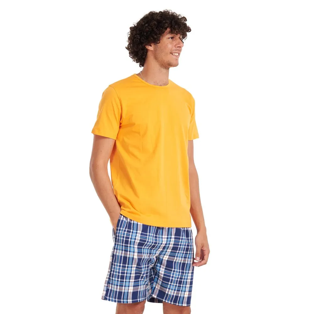 Men summer pajama set Orange T-shirt   Blue checkered shorts