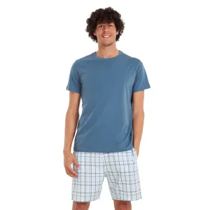 Men summer pajama set Petroleum T-shirt   Light Blue checkered shorts