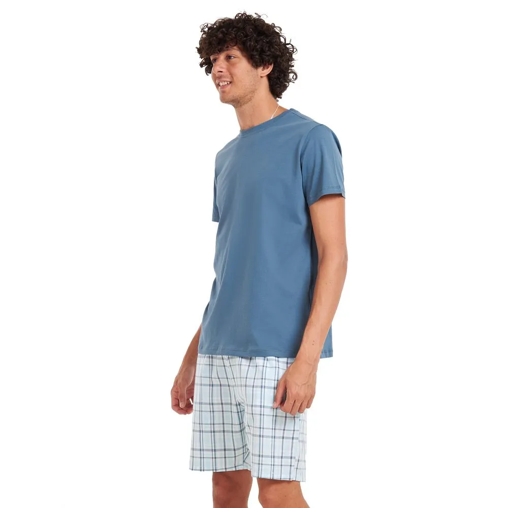 Men summer pajama set Petroleum T-shirt   Light Blue checkered shorts