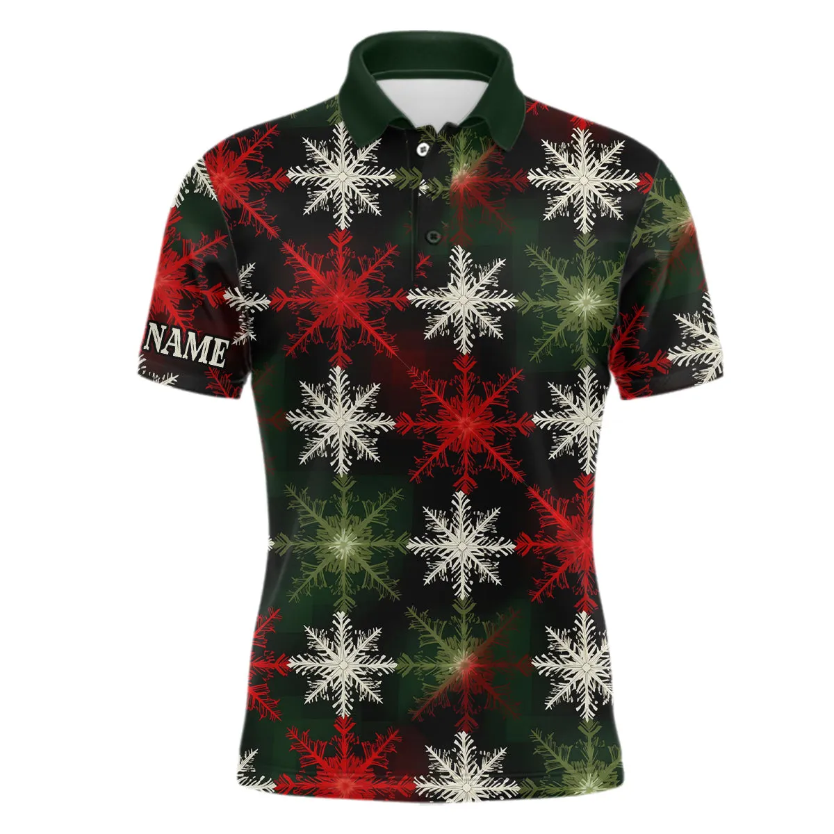 Mens Golf Polo Shirt Custom Red Green Christmas Snowflake Pattern, Mens Christmas Golf Shirts