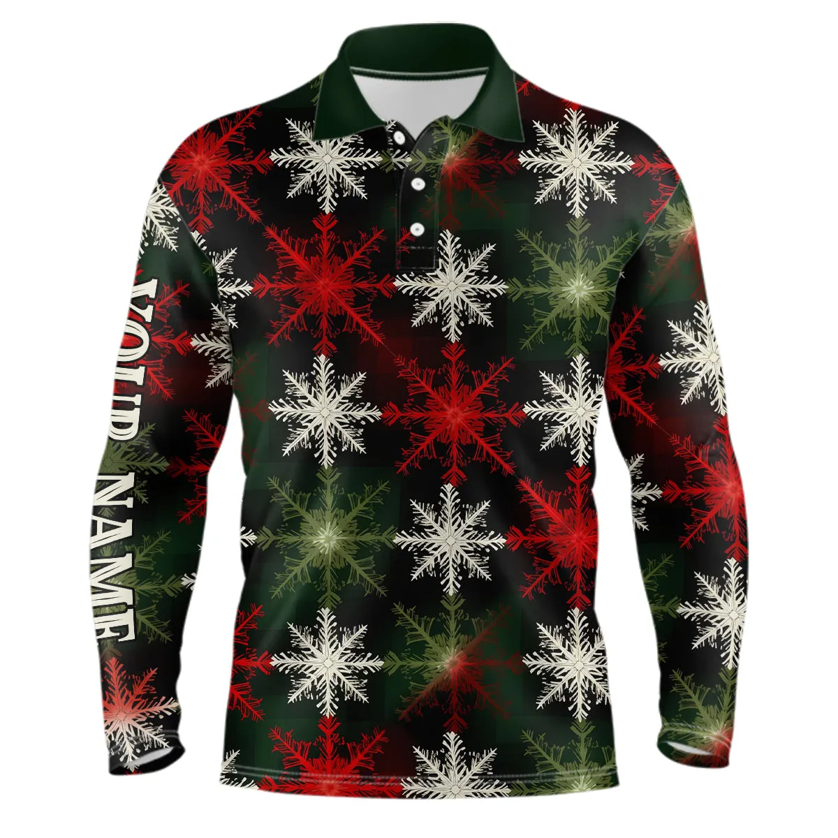 Mens Golf Polo Shirt Custom Red Green Christmas Snowflake Pattern, Mens Christmas Golf Shirts