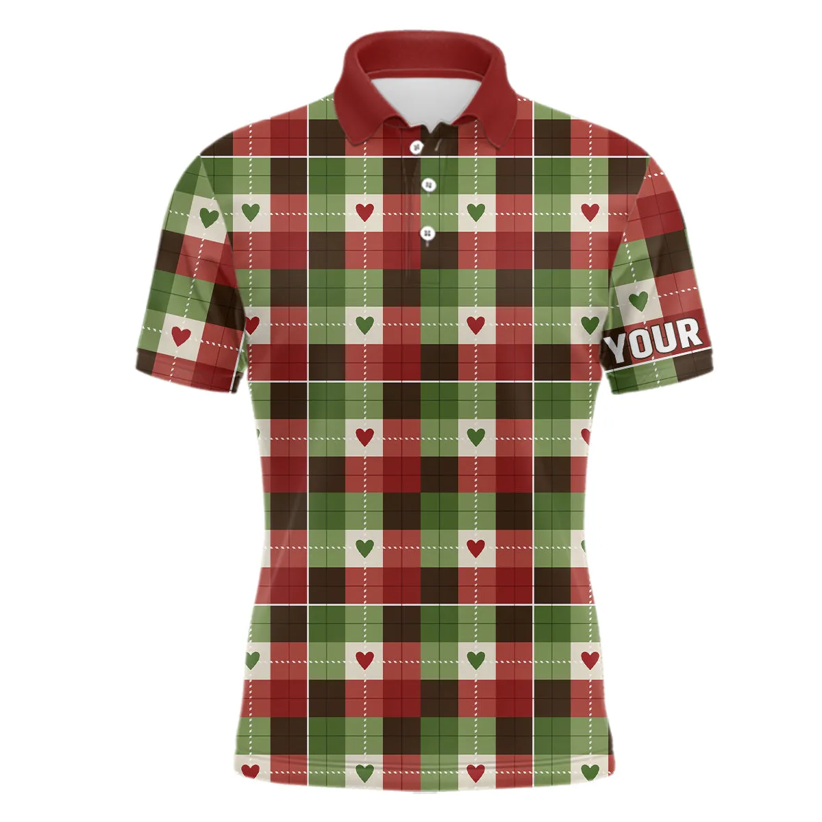 Mens Golf Polo Shirts Custom Green & Red Flat Christmas Plaid Pattern Shirts For Mens, Golfer Gifts