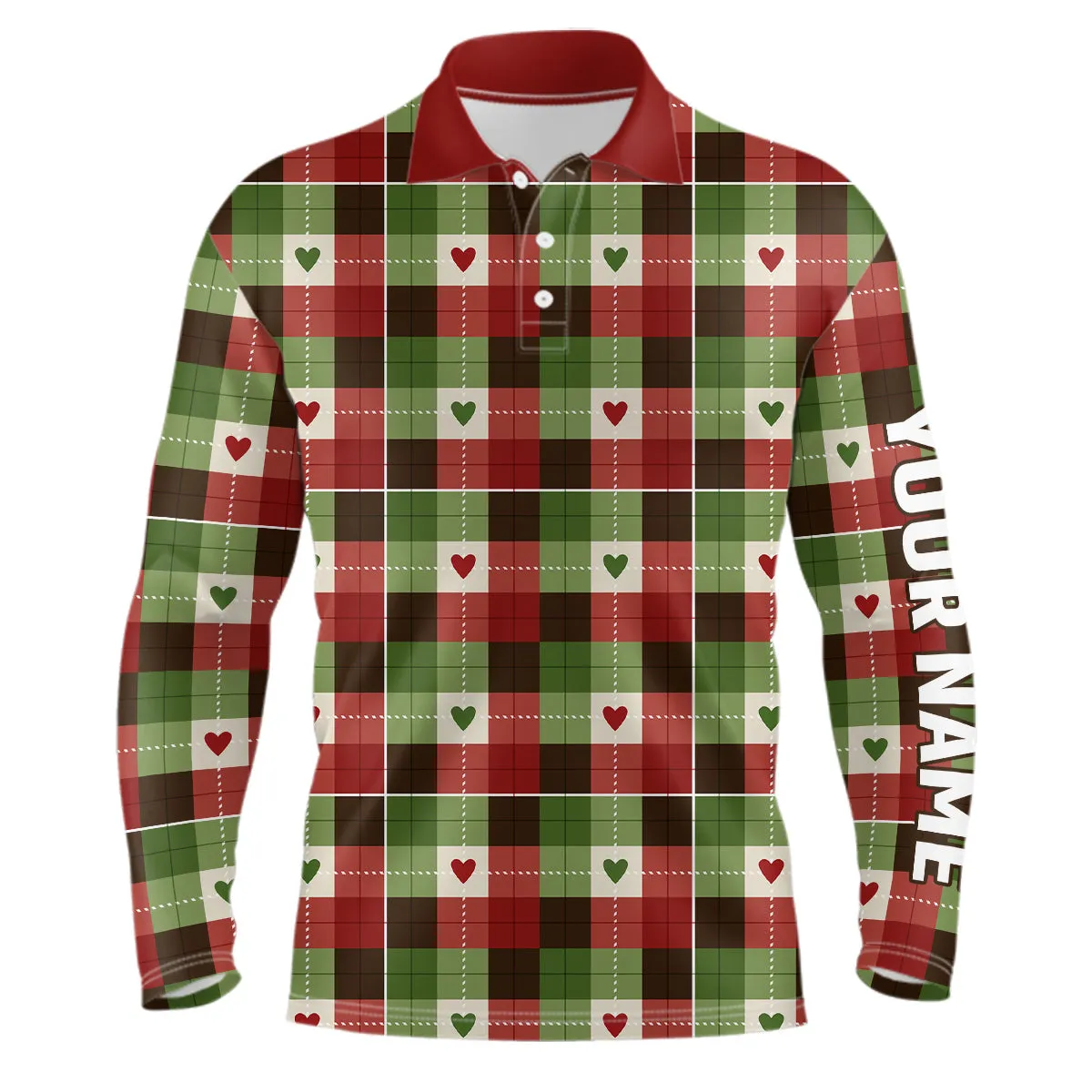 Mens Golf Polo Shirts Custom Green & Red Flat Christmas Plaid Pattern Shirts For Mens, Golfer Gifts