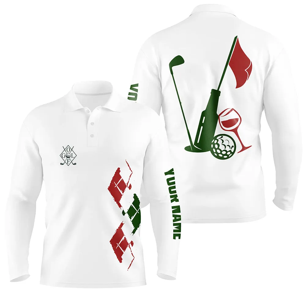 Mens Golf Polo Shirts Custom Vintage Golf And Wine Golf Clubs Christmas Long Sleeve Polo Shirts