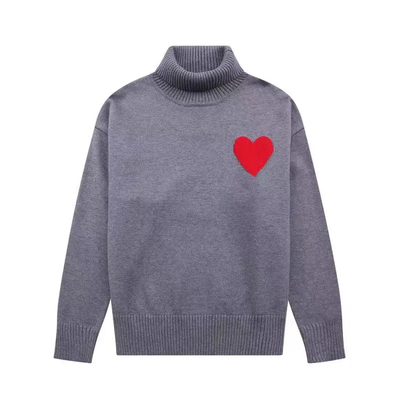 Mens Paris Fashion Designer Knitted Sweater Embroidered Red Heart Solid Color Big Love Round Neck Short Sleeve Amisweater Am i Pullover YMVX