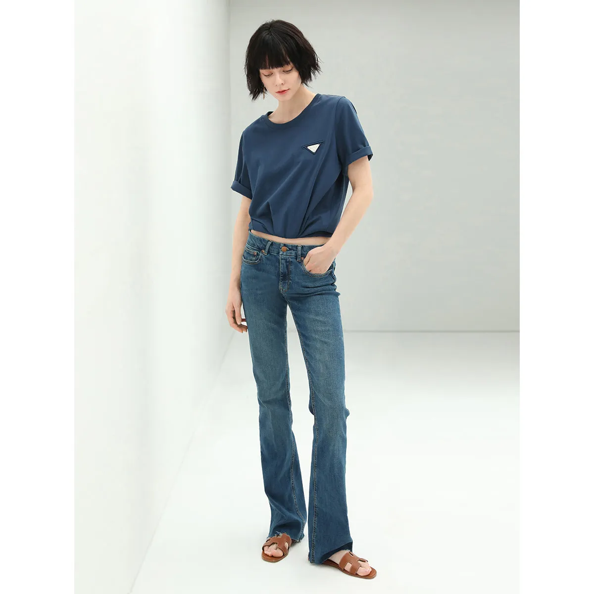 Mid Rise Stretchable Blue Jeans with Frayed Hems