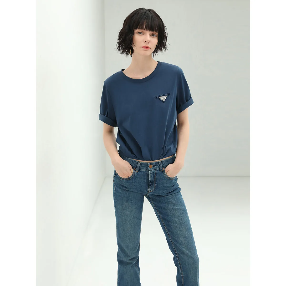 Mid Rise Stretchable Blue Jeans with Frayed Hems