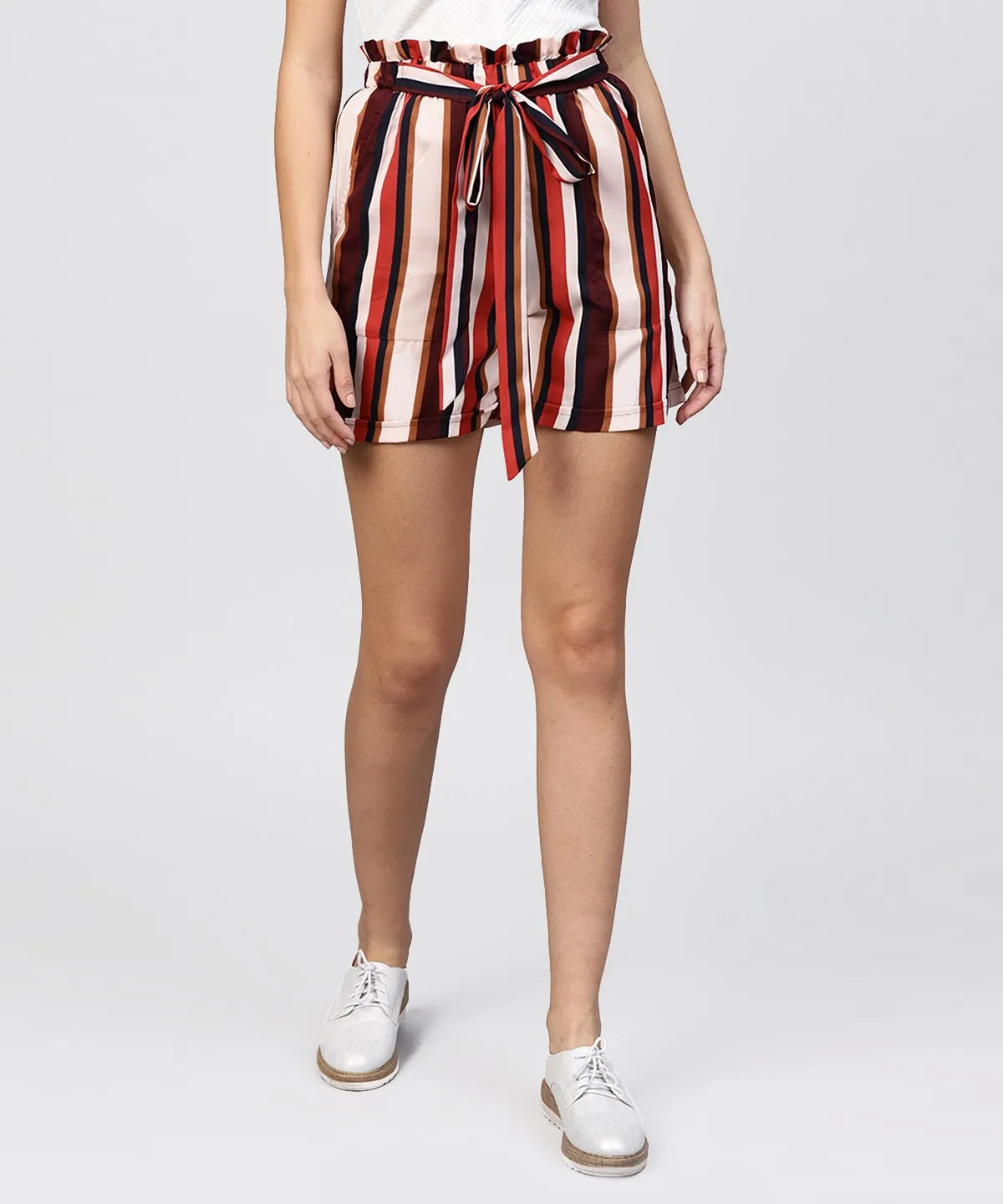 Multi Colored Striped Shorts With Fabric Belt