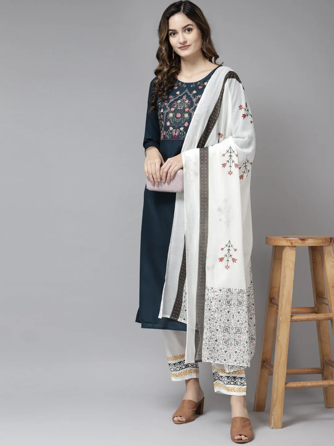 Navy Blue Embroidered Dupatta Set