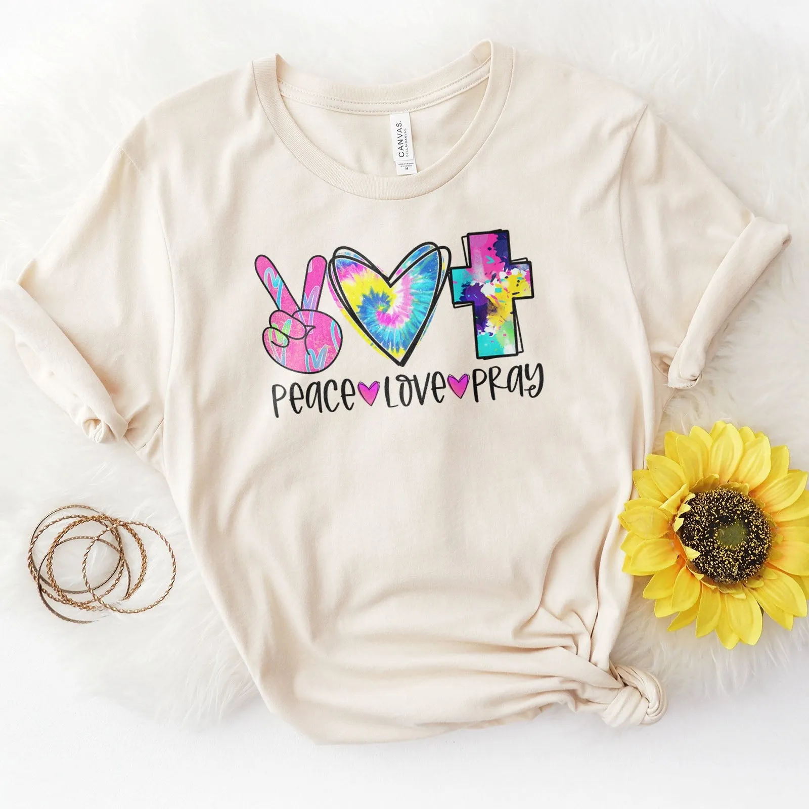 Peace Love Pray Colorful Tee Shirts For Women - Christian Shirts for Women - Religious Tee Shirts