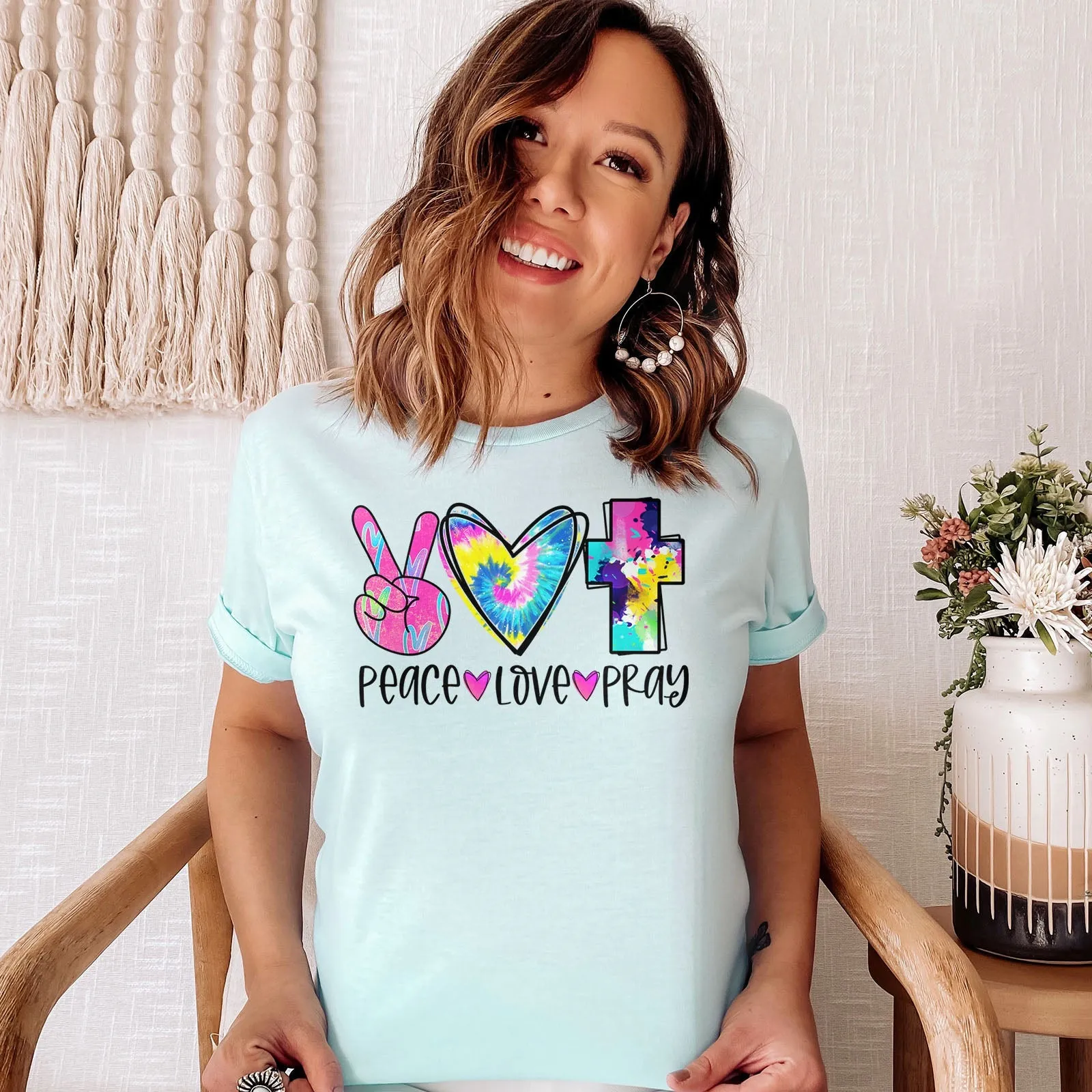 Peace Love Pray Colorful Tee Shirts For Women - Christian Shirts for Women - Religious Tee Shirts