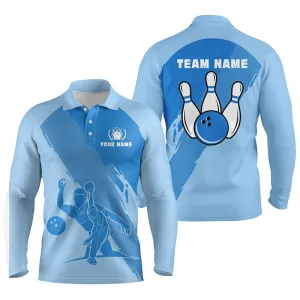 Personalized 3D Bowling Long Sleeve Polo Shirts For Men, Custom Blue Team Bowling Jerseys For Men