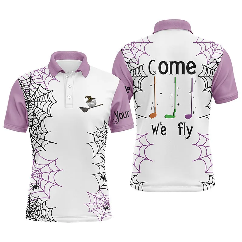 Personalized Spider Web Halloween Mens Golf Polo Shirts Come We Fly Golf Clubs Polo Shirts Purple